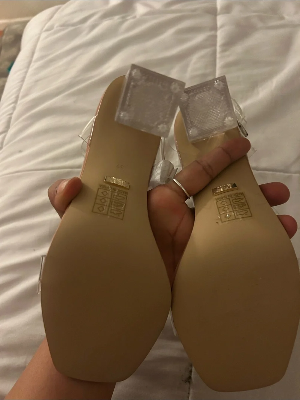 SHEIN Nude Block Heel Sandals with Clear Straps